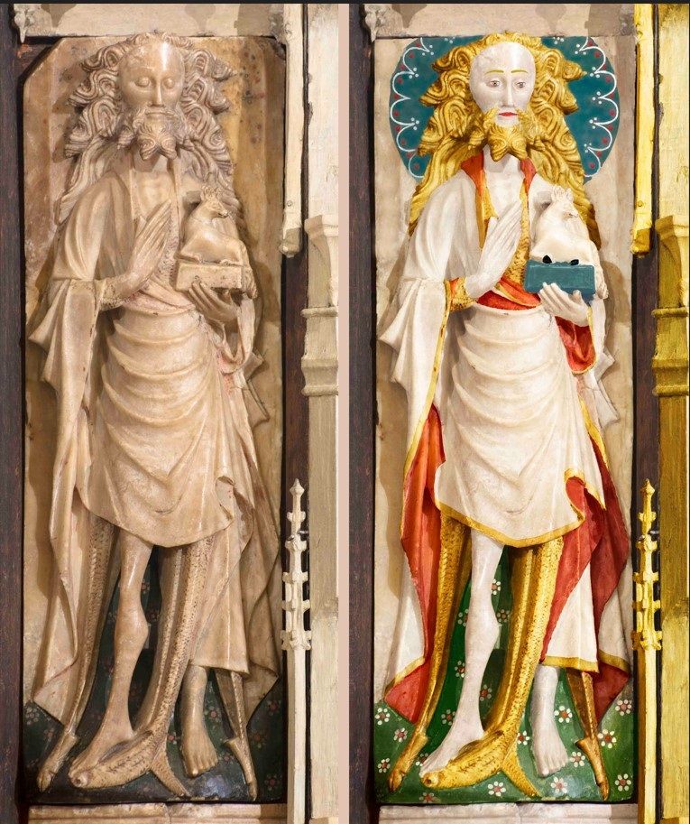 Saint Jean-Baptiste du retable de Saint-Michel de Bordeaux. A gauche : état actuel ; à droite : restitution de la polychromie médiévale