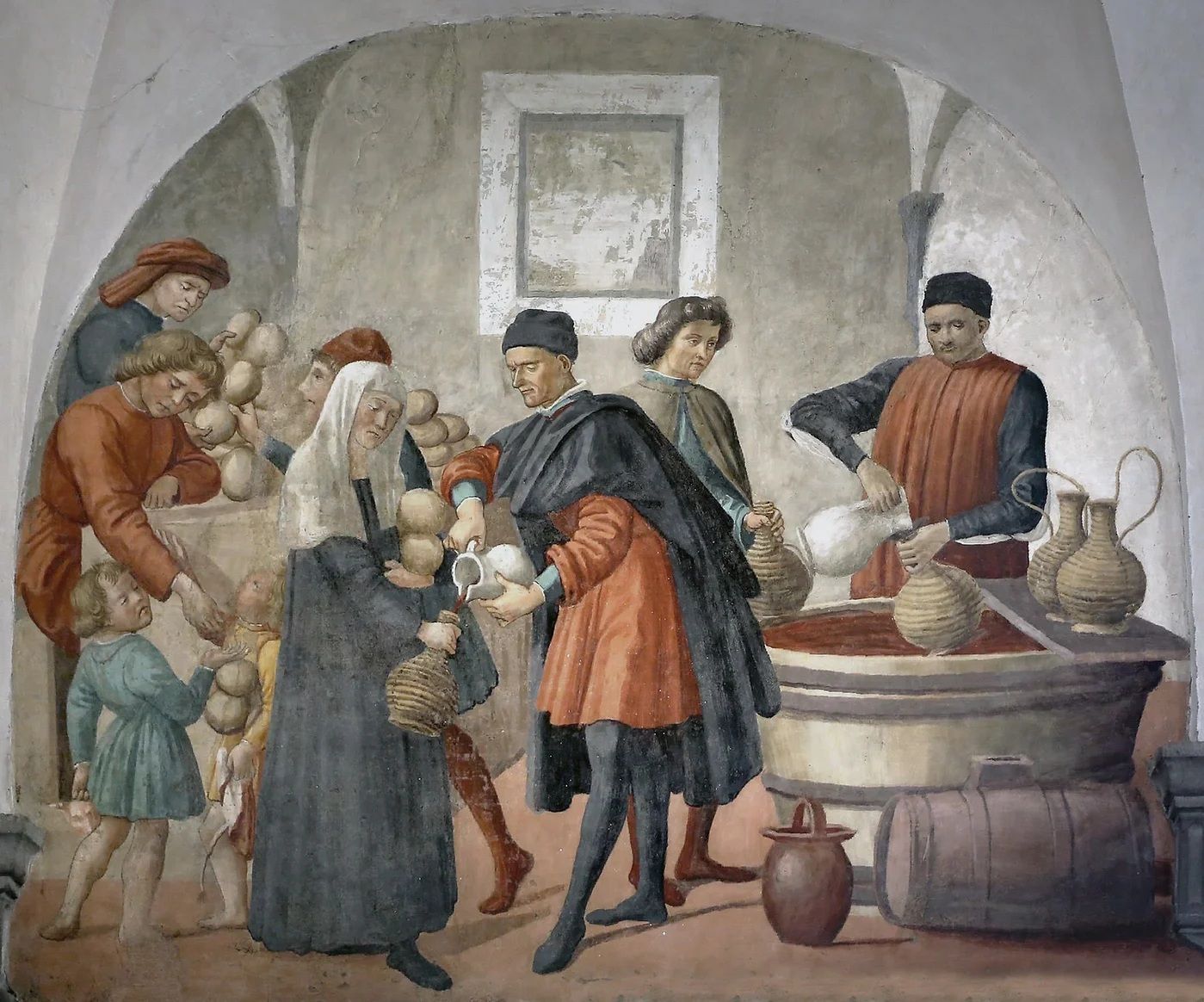 Donner à manger à ceux qui ont faim et à boire à ceux qui ont soif  Domenico Ghirlandaio (Atelier de), 1486-1490 Fresque. Oratorio dei Buonimi di San Martino, Florence, Italie